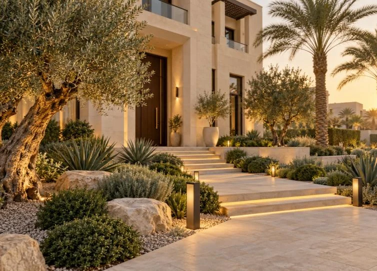 A landscaped villa entrance